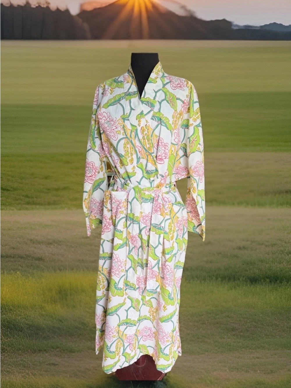 Natural Habitat Kimono Robe 100% Cotton Lotus Flower Print Hand Blocked OS